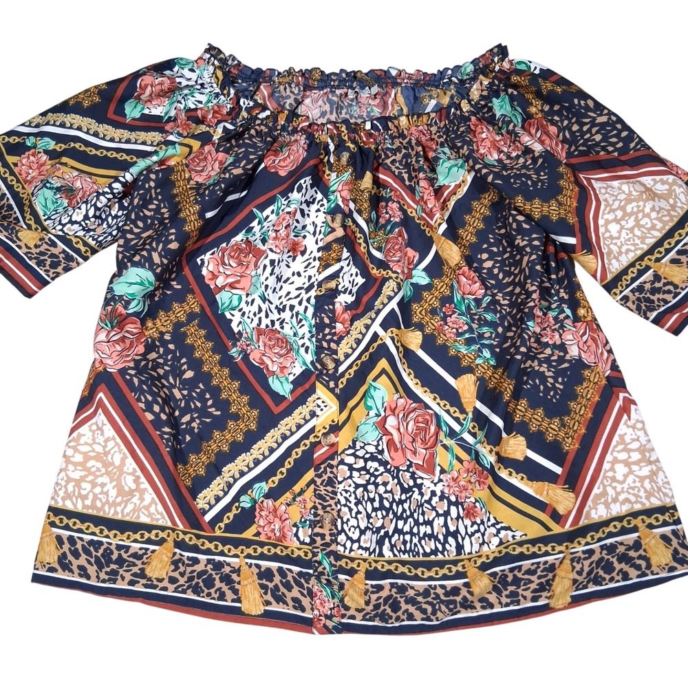Speed Limit M.P.H. Women 3X Floral Leopard Scarf Print Off Shoulder Button Top